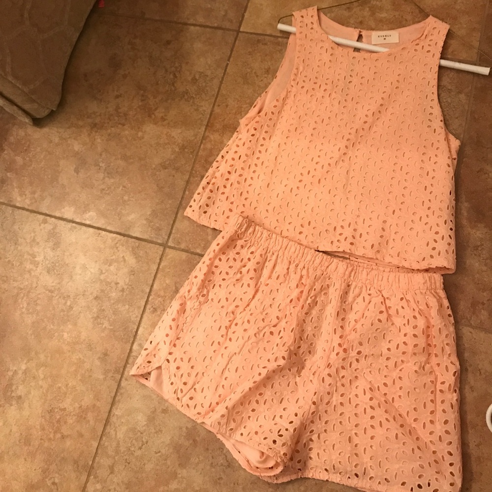 Anthropologie Peach Eyelet Two-Piece Romper Set